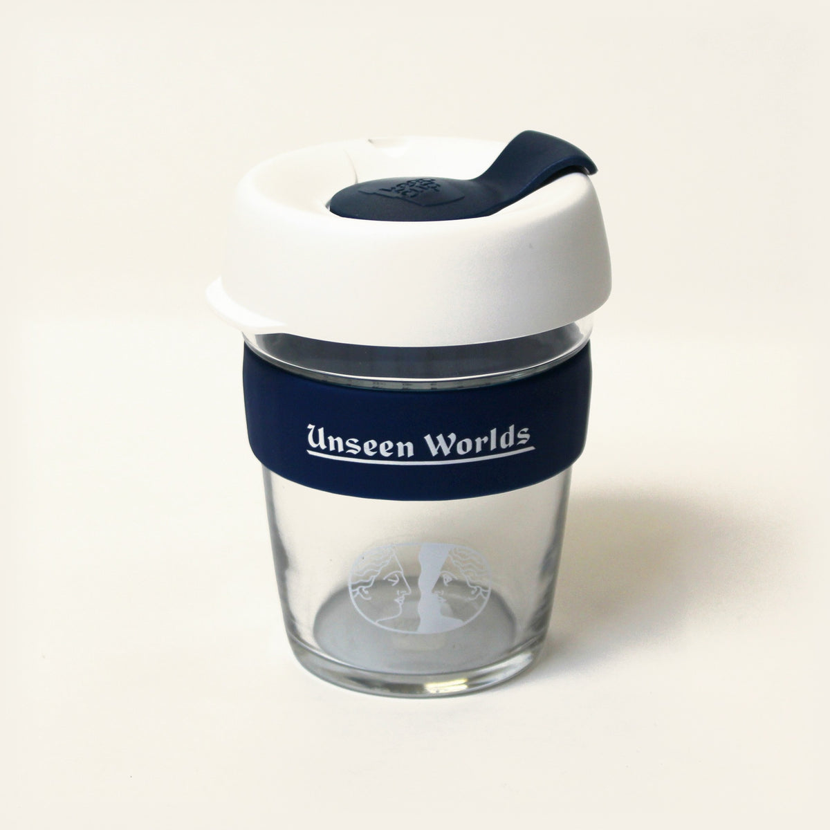 Unseen Worlds glass KeepCup seen from above showing the navy sipper lid