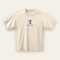 Unseen Worlds Logo Tee in creme Supima cotton with the twin-face logo printed in blue on the chest, front view