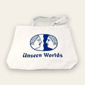Natural canvas Unseen Worlds logo tote bag with the twin-face logo and wordmark printed in blue