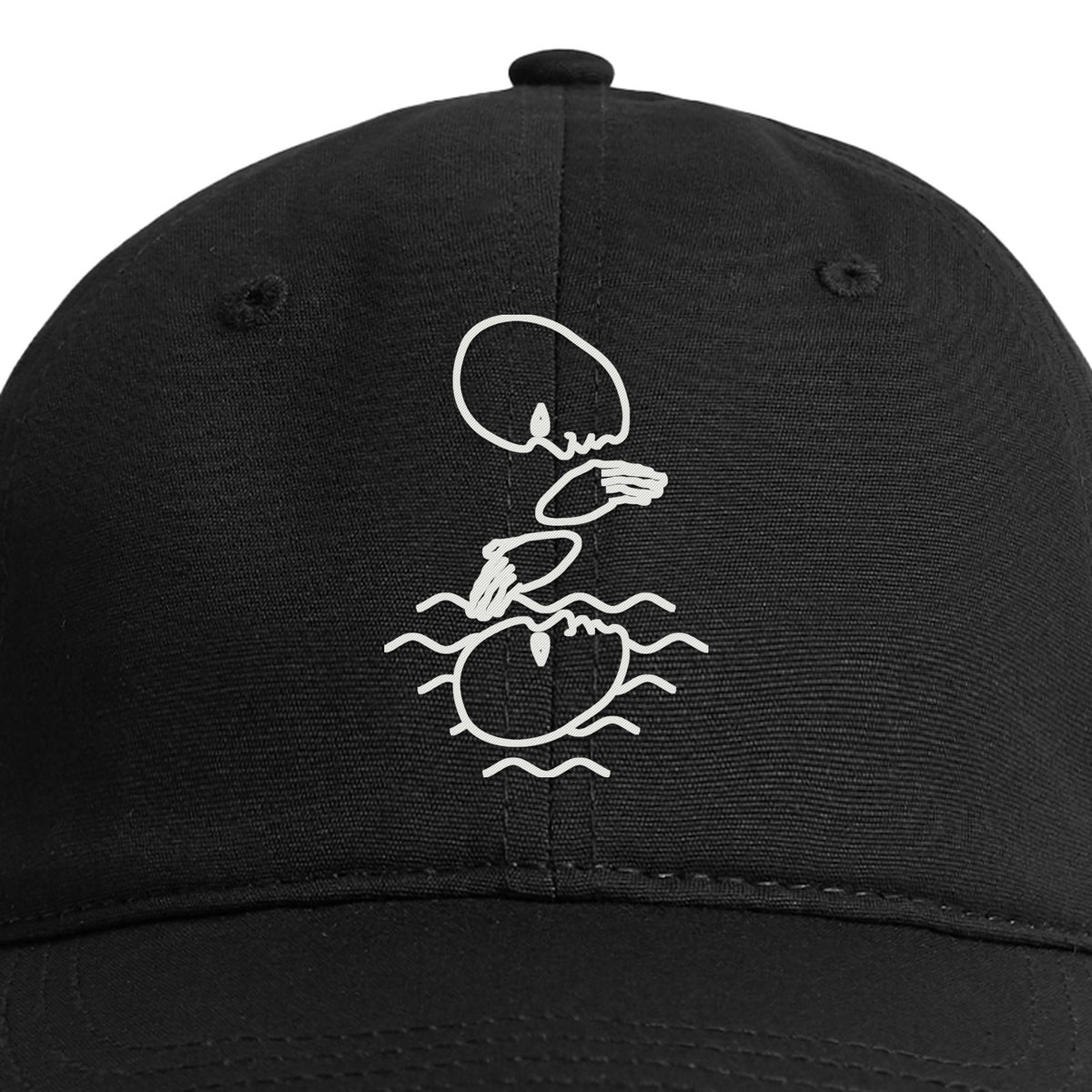 Close-up of the white embroidered Mystery Logo on the front of the black cap