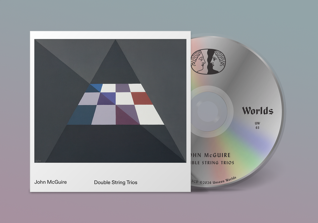 CD for John McGuire - Double String Trios, showing the disc alongside the geometric triangular artwork cover