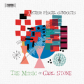 Album cover for Carl Stone - Arthur Fischl Conducts the Music of Carl Stone, a vintage stereo-LP style collage of red and teal blocks, musical staves, and hourglass shapes around a blue globe on a woven cream background