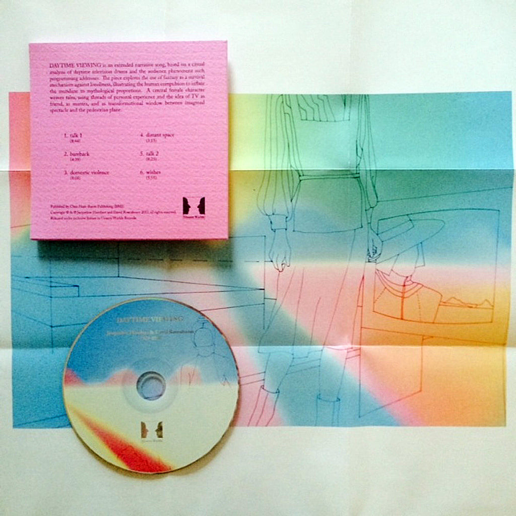 CD package for Daytime Viewing by Jacqueline Humbert & David Rosenboom, showing the pink liner notes booklet, rainbow-gradient poster insert, and disc