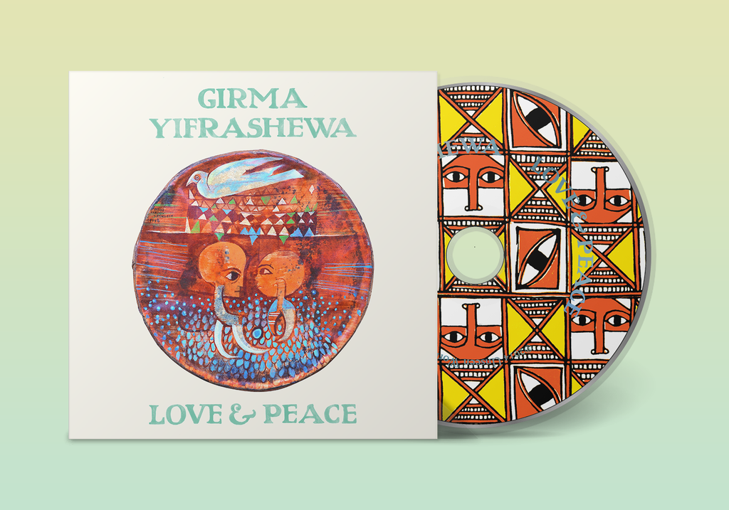 CD for Girma Yifrashewa - Love and Peace, showing the disc with geometric Ethiopian pattern alongside the elephant painting cover