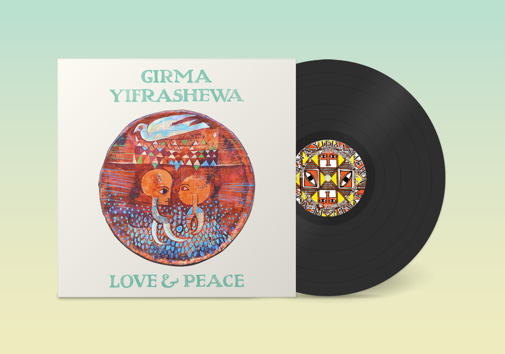 LP vinyl for Girma Yifrashewa - Love and Peace, showing a black record with colorful label alongside the cover featuring an Ethiopian-style elephant painting