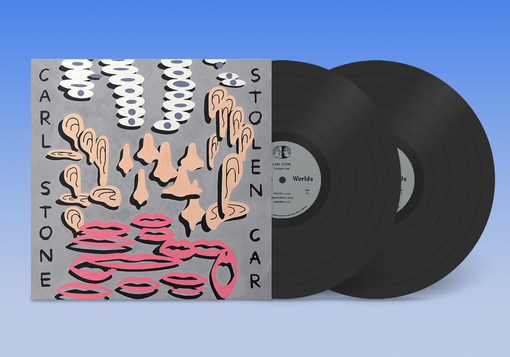 Double LP vinyl for Carl Stone - Stolen Car, showing two black records alongside the cover artwork