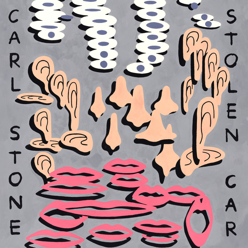 Album cover for Carl Stone - Stolen Car, featuring a pop art illustration of floating ears, noses, and lips on a grey background