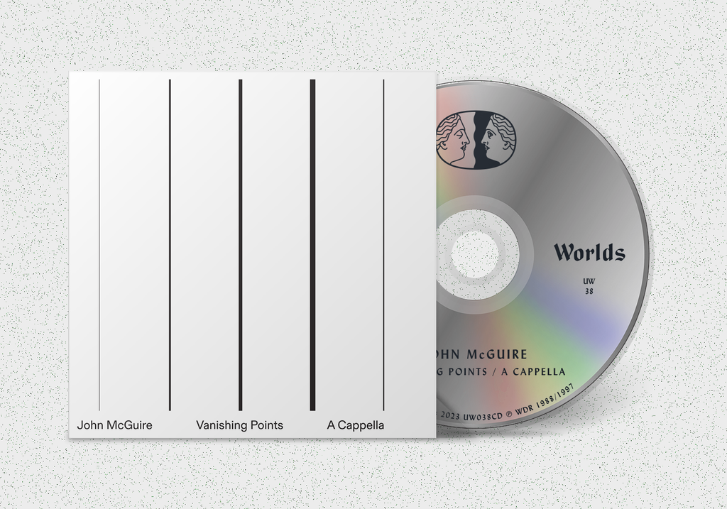 CD for John McGuire - Vanishing Points/A Cappella, showing the disc alongside the minimalist vertical lines cover