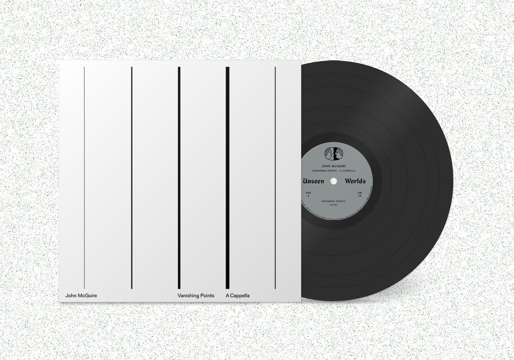 LP vinyl for John McGuire - Vanishing Points/A Cappella, showing a black record alongside the minimalist vertical lines cover