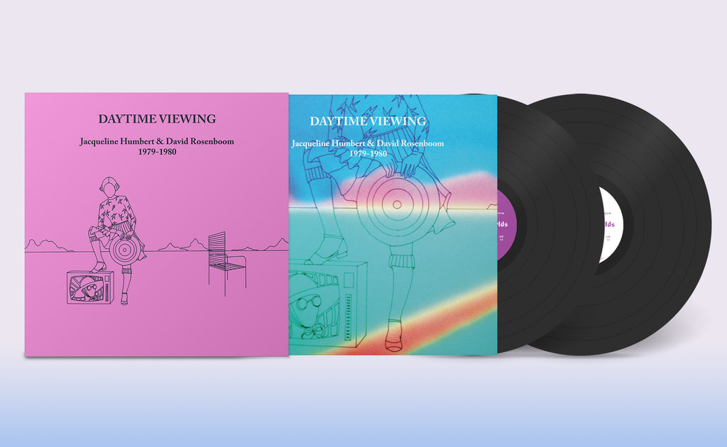 Double LP package for Daytime Viewing by Jacqueline Humbert & David Rosenboom, showing the pink cover alongside the rainbow-colored inner gatefold with two black records
