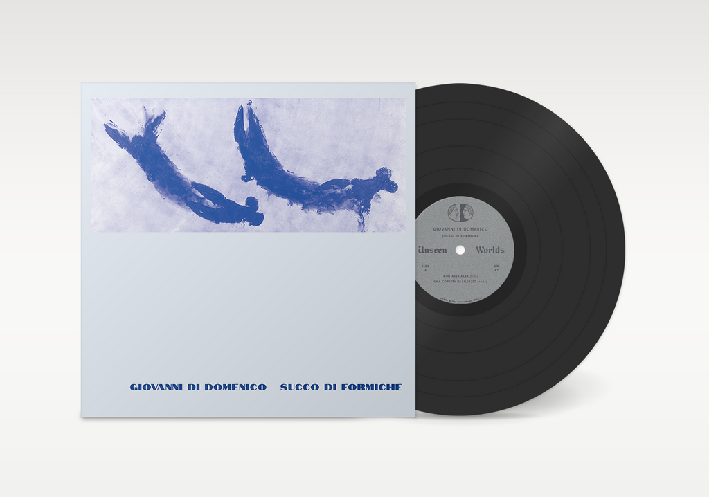 LP vinyl for Giovanni Di Domenico - Succo di formiche, showing a black record alongside the blue watercolor cover