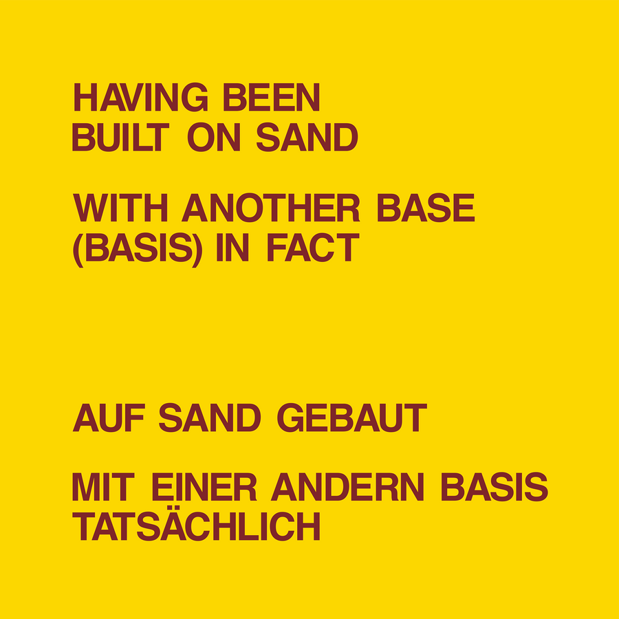 Album cover for Dickie Landry & Lawrence Weiner - Having Been Built on Sand, featuring bold brown text in English and German on a bright yellow background