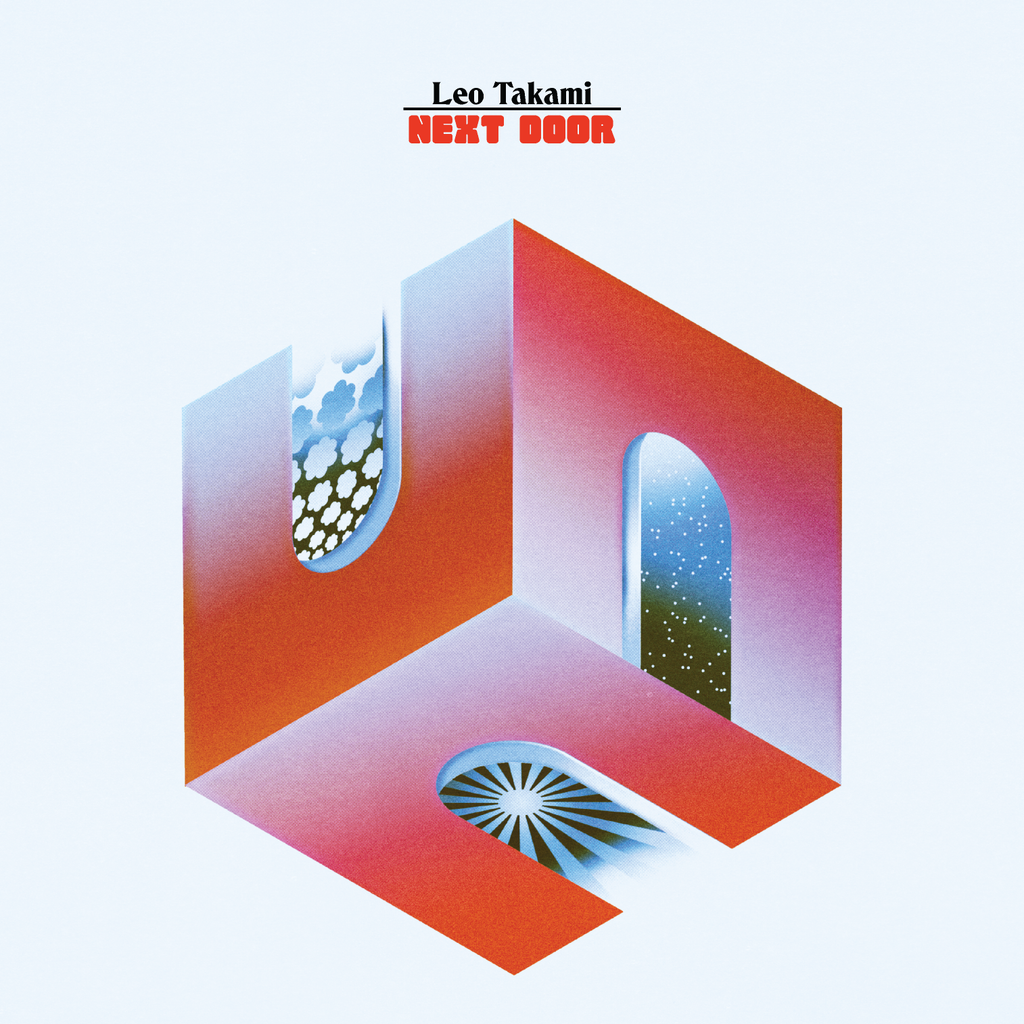 Album cover for Leo Takami - Next Door, featuring a surreal isometric illustration of interconnected rooms with archways, a spiral staircase, and geometric patterns in coral, blue, and lavender