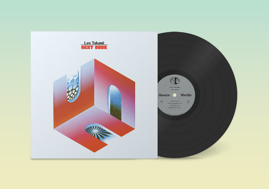 LP vinyl for Leo Takami - Next Door, showing a black record alongside the surreal isometric illustration cover