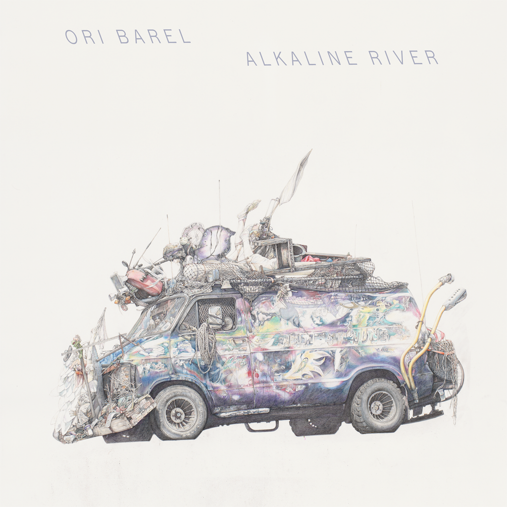 Album cover for Ori Barel - Alkaline River, featuring a detailed watercolor illustration of a heavily modified van loaded with equipment and objects on a cream background