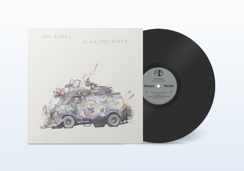 LP vinyl for Ori Barel - Alkaline River, showing a black record alongside the watercolor van illustration cover