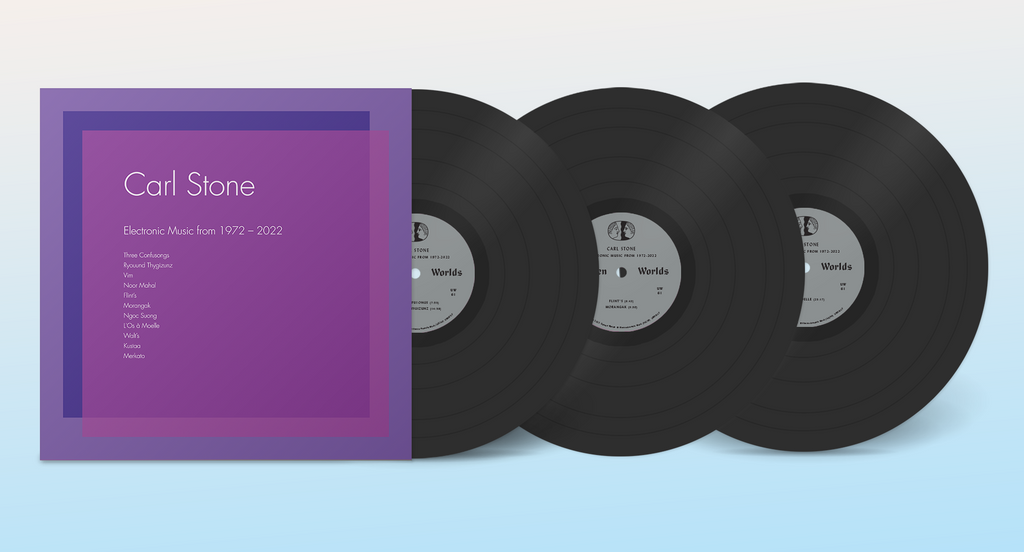 Triple LP vinyl set for Carl Stone - Electronic Music from 1972–2022, showing three black records alongside the purple sleeve
